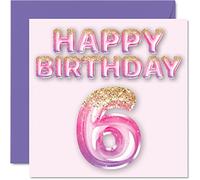 6th Birthday Card for Girls - Pink & Purple Glitter Balloons - Happy Birthday Cards for 6 Year Old Girl Daughter Sister Granddaughter Cousin, 145mm Bday Greeting Cards Gift