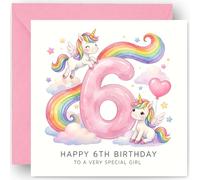 6th Birthday Card for Girls - Six Today - 6 Years Old - Rainbow Unicorns Design - Happy Sixth Birthday Card for Granddaughter Niece Daughter - Includes Pink Envelope - 14cm