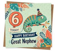 6th Birthday Card for Great Nephew, Chameleon & Florals | Playful party-hat chameleon with floral details and ‘Happy Birthday Today!’ message for your Great Nephew’s 6th.