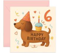 6th Birthday Card for Kids - Cute Sausage Dog Dachshund Puppy with Cupcake Design, for 6 Year Old Daughter Son Niece Granddaughter Sister Brother