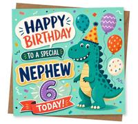 6th Birthday Card for Nephew, Cute Balloons Dinosaur Design | Blank inside for your own message; premium 360gsm card with matching envelope, designed and printed in the UK