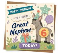 6th Birthday Card for Nephew, Party Donkey & Balloons | Celebrate your nephew’s 6th with a cute party donkey, star balloon and gift, plus ‘Happy Birthday’ and ‘Today!’ wording.