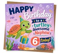 6th Birthday Card for Nephew, Turtle-Y Awesome Turtle | Celebrate your 6th Nephew with an underwater turtle in a party hat, plus fish, bubbles and “turtle-y awesome… today!”.