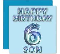 6th Birthday Card for Son - Blue Glitter Party Balloons - Happy Birthday Cards for 6 Year Old Son from Mum Dad Parents, 145mm Bday Greeting Cards Gift