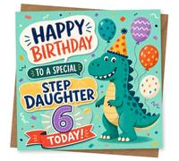 6th Birthday Card for Step Daughter, Balloons Dinosaur Design | Blank inside for your own message; premium 360gsm card with matching envelope, designed and printed in the UK