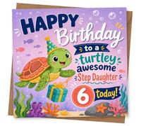 6th Birthday Card for Step Daughter, Turtley Awesome | Cute ocean theme for your Step Daughter’s 6th: smiling turtle in party hat with gift, bubbles, fish and coral.