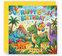 6th Birthday Card Gift for Boys - Six Today - 6 Years Old - Cute Dinosaur Design - Happy Sixth Birthday Greeting Card for Grandson Nephew Son Toddler or Boys - Includes Yellow Envelope - 14cm