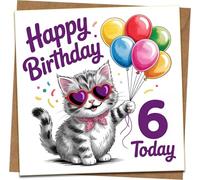 6th Birthday Card Girl Boy 145mm Cute Kitten with Balloons Heart Sunglasses - Happy Birthday 6 Today - Children Kids Age Six Greeting Card with Kraft Envelope