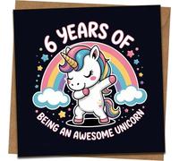 6th Birthday Card Girl - Cute Unicorn Dab Rainbow Design, Funny Kids Greeting for Daughter Granddaughter Niece, 145mm x 145mm Square, Blank Inside, With Kraft Envelope