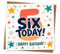 6th Birthday Card, Six Today! Bold Stars and Dots | For a 6th birthday: big “Six Today!” over an orange 6, plus “Happy Birthday” and colourful stars, dots and doodles.