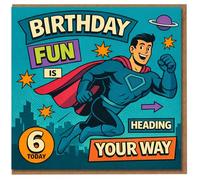 6th Birthday Card - Superhero Comic Design - Birthday Fun Is Heading Your Way - Age 6 Kids Card