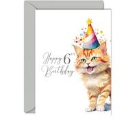 6th Birthday Cards for Girls Boys - Party Cat Kitten - Happy Birthday Card for 6 Year Old Girl Boy Granddaughter Grandson Daughter Son Niece Nephew, A5 Bday Greeting Cards