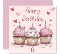 6th Birthday Cards for Girls Boys - Pink Cupcakes - Happy Birthday Card for 6 Year Old Girl Boy Niece Brother Son Nephew, 145mm Bday Greeting Cards