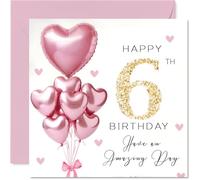 6th Birthday Cards for Girls - Pink Glitter Balloons - Happy Birthday Card for 6 Year Old Girl Great Niece Niece Goddaughter Granddaughter, 145mm Bday Greeting Cards