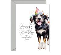 6th Birthday Cards for Son - Party Dog - Happy Birthday Card for 6 Year Old Son from Dad Mum, 5x7 Inch Bday Boys Boy Kids Greeting Cards Gift for Son Birthday Gifts