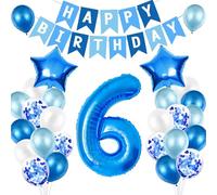 6th Birthday Decorations for Boys, Number 6 Balloon, Blue Silver 6th Party Decorations, Happy Birthday Bunting Banner, 32inch Foil Number 6 Balloons Set for Birthday Party Anniversary Decorations