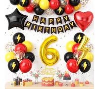 6th Birthday Decorations for Boys,Red Black Yellow Birthday Balloon Kids Printed Number 6 Balloons Banner Cake Topper Boy Girls 6 Year Old Party Decor