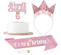 6th Birthday Decorations for Girls, Birthday Crown Tiara, Princess Tiara, Sash, Cake Topper & Candle Set for Girls, Birthdays Gifts for 6-Year-Old Girl (Gold Crown, 6th Theme Party Supplies)