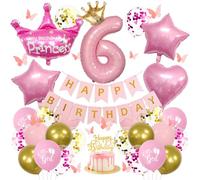 6th Birthday Decorations for Girls - Pink Princess Balloons Set with Large Number 6 and Crown Foil Balloons, Butterfly Stickers, Cake Topper, Confetti & Star Heart Foils Birthday Banner Party Supplies