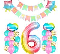 6th Birthday Decorations for Girls, Rainbow Number 6 Foil Balloon Heart Balloon, Pastel Happy Birthday Banner, Pink Blue Gold Confetti Balloons for Kids 6th Birthday Rainbow Party Decorations