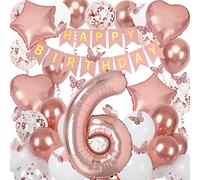6th Birthday Decorations for Girls, Rose Gold 40 Inch Age 6 Foil Balloons with Happy Birthday Banner and Butterfly Stickers, for Baby Shower, Girls Women Party Decorations