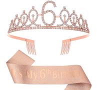 6th Birthday Decorations for Girls,Rose Gold Glitter Sash & Rhinestone Crown for 6 Year Old Girl Birthday Decor,Ideal Princess Gifts and Accessories for Little Birthday Girl (Rose Gold 6th)