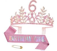 6th Birthday Decorations for Her Happy Birthday Tiara & Sash Rose Gold Rhinestone Crown Sash Princess Headwear Cake Topper Hair Accessories Party Favor