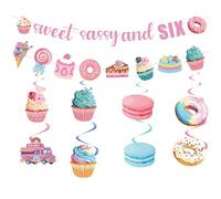 6th Birthday Decorations Girl Donut - 10 Pcs Pink Doughnut Birthday Decoration Including Sweet Sassy And Six Banner Icecream Hanging Swirls for Doughnut Candy Kids 6 Years Old Party Supplies