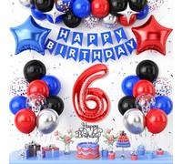 6th Birthday Decorations Red Black Blue,Metallic Silver Blue Red 6th Party Balloons Star Foil Balloons Banner Cake Topper Kids Theme Birthday Party Decor for 6 Year Old Boys Kids