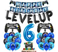 6th Birthday Gamer Decoration Set - Video Game Balloons, Number 6 Foil Balloon, Happy Birthday Banner for 6 Years Boys, Cake Decoration for Children Game Theme Party