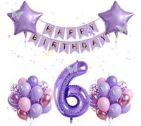 6th Birthday Party Decorations for Girls with Happy Birthday Banner, Number 6 Balloon, Star Balloons, Purple Butterfly and Birthday Confetti Balloons