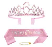 6th Birthday Sash and Tiara Crown Pink Crystal Birthday Crown Set Pink Birthday Crown Sash Decoration Birthday Crown for Girls Women Birthday Party Accessories Birthday Decoration 6