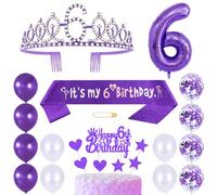 6th Birthday Sash Princess Crown Queen Tiara Rhinestone Headbands Cake Toppers Number 6 Helium Balloons Purple Latex Balloon 6 Birthday Decoration for Girls 6 Year Old Birthday Party Supplies