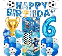 6th Birthday Soccer Party Decorations - 24 Pcs Blue Football Theme Happy Birthday Banner Backdrop Number 6 Trophy Star Heart Foil Balloons Set for Boys 6 Years Old Soccer Sports Party Decor Supplies