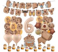 6th Capybara Birthday Party Decorations Set 6 Year Capybara Happy Birthday Banner Balloon Heart & Star Foil Balloons Cupcake Toppers Cake Decoration Cartoon Birthday Party Supplies