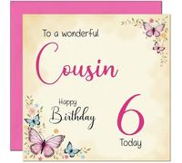 6th Cousin Birthday Card - Beautiful Butterfly Floral Cousins Birthday Card for 6 Year old Kids six, sixth