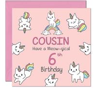 6th Cousin Birthday Card - Funny Cat Cute Cousin's Birthday Card for 6 Year old Kids six, sixth