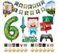 6th Gaming Birthday Decorations for Boys Girls Happy Birthday Banner Foil Balloons Miner Gaming Theme Party Supplies Decoration Miner Party Table Cake Topper for Kids Birthday Partys