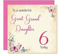6th Great Granddaughter Birthday Card - Beautiful Butterfly Floral Birthday Card for 6 Year old Kids six, sixth
