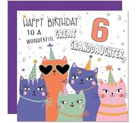 6th Great Granddaughter Birthday Card - Childrens Cute Cat Great Granddaughter Birthday Card for 6 Year old Kids six, sixth
