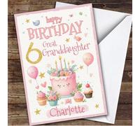 6th Great Granddaughter Pink Cake Custom Personalised Birthday Card - Personalised Birthday Card For 6th Birthday, Custom Birthday Card
