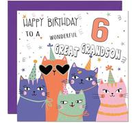 6th Great Grandson Birthday Card - Childrens Cute Cat Great-Grandson Birthday Card for 6 Year old Kids six, sixth