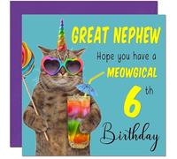 6th Great Nephew Birthday Card - Meowgical Cat Funny Birthday Card for 6 Year old Kids six, sixth