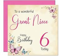 6th Great Niece Birthday Card - Beautiful Butterfly Floral Great Nieces Birthday Card for 6 Year old Kids six, sixth