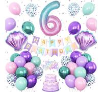 6th Mermaid Birthday Decoration for Girls,Pink Purple Green 6th Birthday Balloon Number 6 Seashell Foil Balloons Banner Mermaid Sea Party Decor Supplies for 6 Year Old