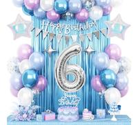 6th Snow Birthday Decorations for Girl, Blue Purple Balloons with Happy Birthday Banner Curtain Silver Number 6 Balloon Iridescent Star Foil Balloons for Girls Baby Shower Birthdays Party Supplies