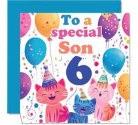 6th Son Birthday Card - Cute Cats Special Son - Happy 6th Birthday Card from Mum Dad, 145mm Age 6 Greeting Cards