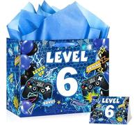 6th Video Game Birthday Gift Bags Blue Gamer Birthday Gift Wrapping Bag Swith Handle Gaming Level Up Goody Bag with Tissue Paper and Greeting Card for Boys Girls Party Decor (6th)