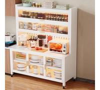 6Tier White Microwave Stand with Wheels Coffee Bar & Baker Rack Versatile Kitchen Storage for Coffee Machines Bread Makers and Appliances.