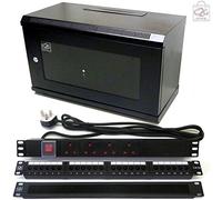 6U 300mm Black Wall Data Cabinet + 24 Port Cat 5e Patch Panel + 4 Way PDU + Brush Bar Rack Network